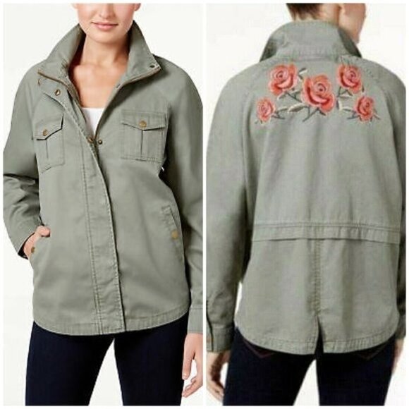 Style & Co Embroidered Roses Floral Back Utility Jacket Green Shacket Sz S - Picture 1 of 12